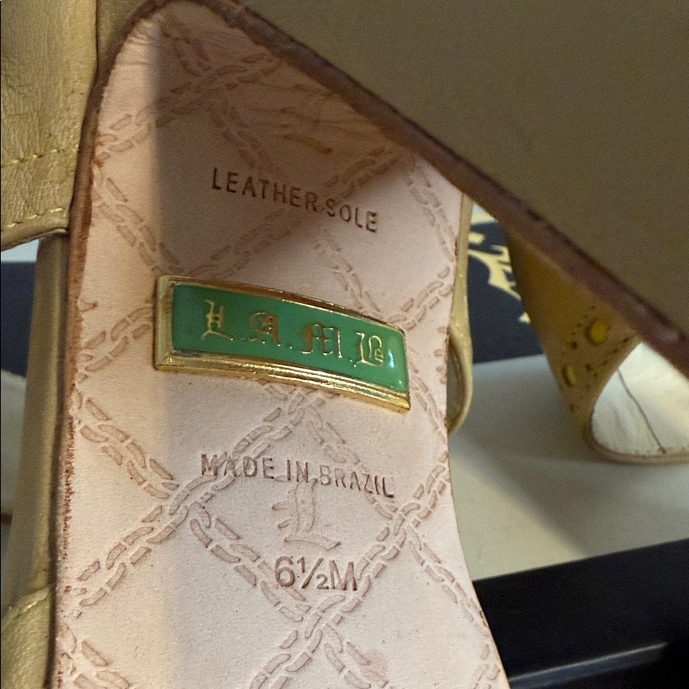 L.A.M.B. Tan and Yellow Studded Leather Platform Heels. 6.5 in original box - Picture 12 of 14